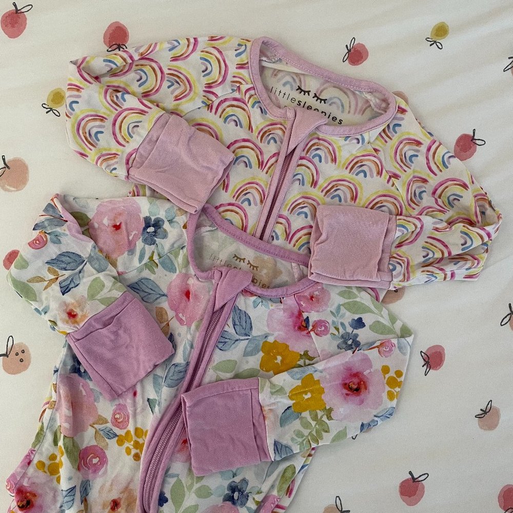 2 Little Sleepies Zip Rompers/Sleepers Rainbow and Floral, Size 0-3 Months